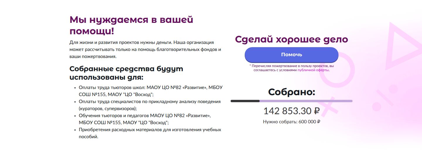 Блок сбора пожертвований на сайте АНО «Ресурс»: на что идут средства и прогресс-бар сбора