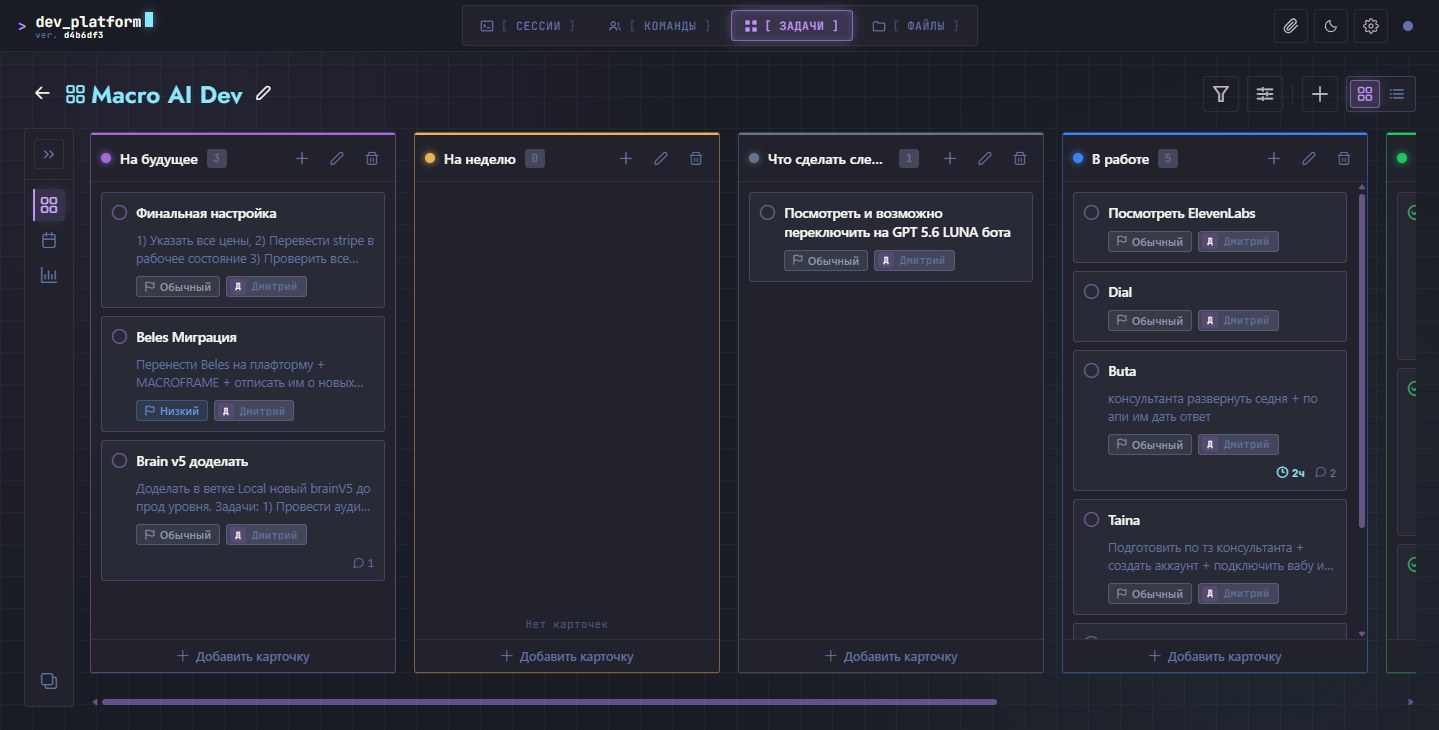 Канбан-доска Dev Platform: колонки по стадиям, карточки с приоритетом и исполнителем