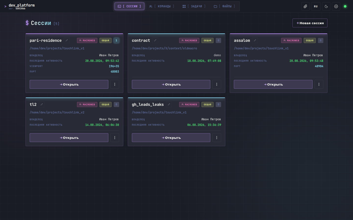 Рабочие сессии Dev Platform: окружение, проект, владелец и последняя активность