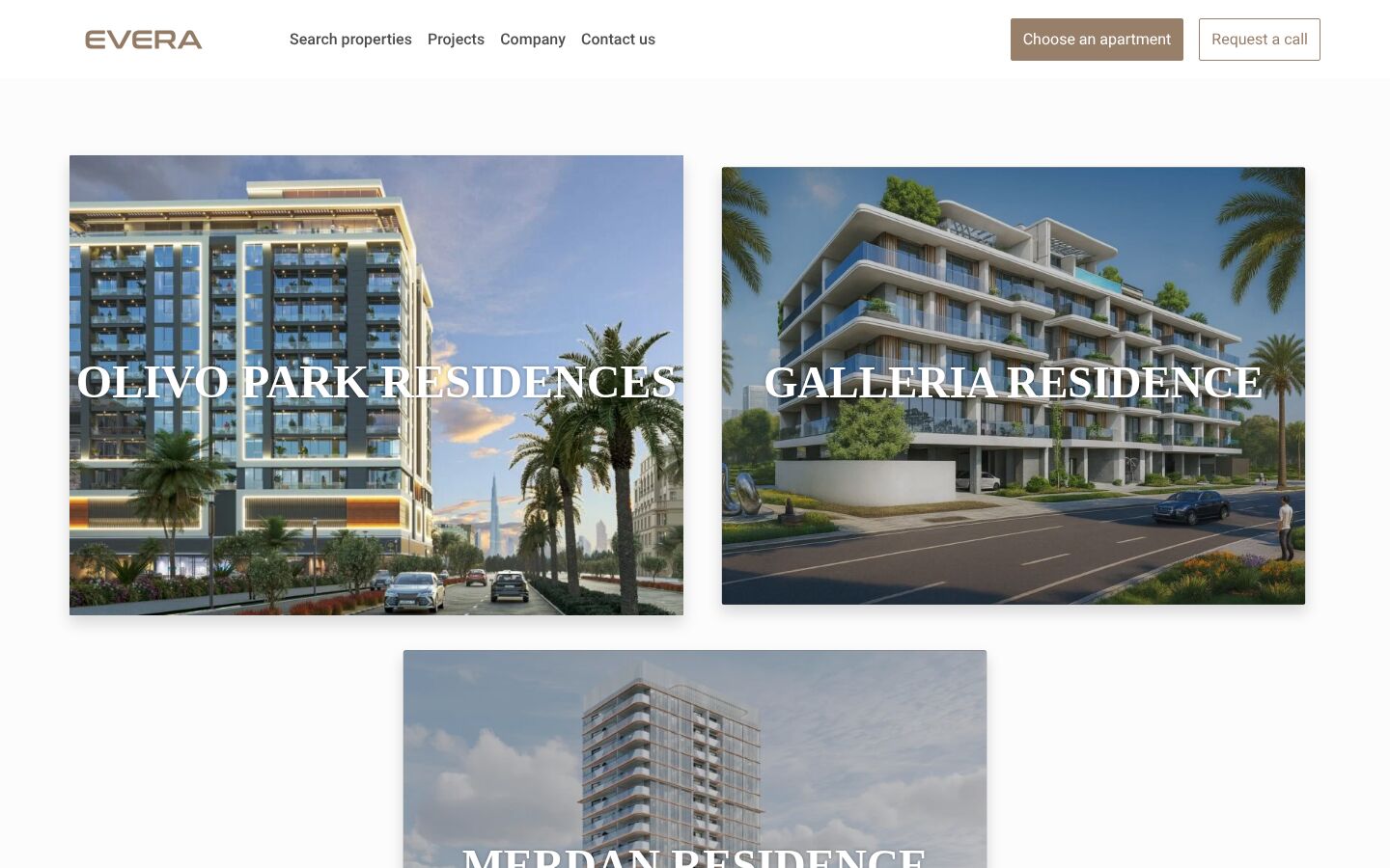 Первый экран сайта Evera Development: жилые проекты застройщика в Дубае
