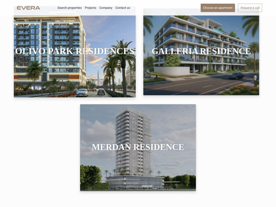 Блок проектов на сайте Evera Development: карточки трёх жилых комплексов