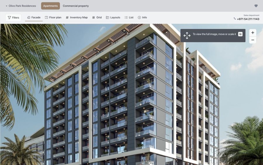 Интерактивный фасад жилого комплекса Evera Development с выбором квартиры на рендере