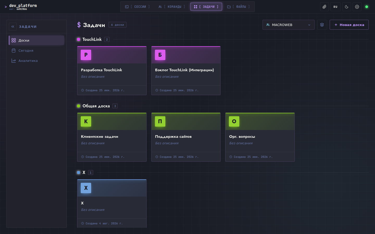 Раздел задач Dev Platform: доски, сгруппированные по разделам